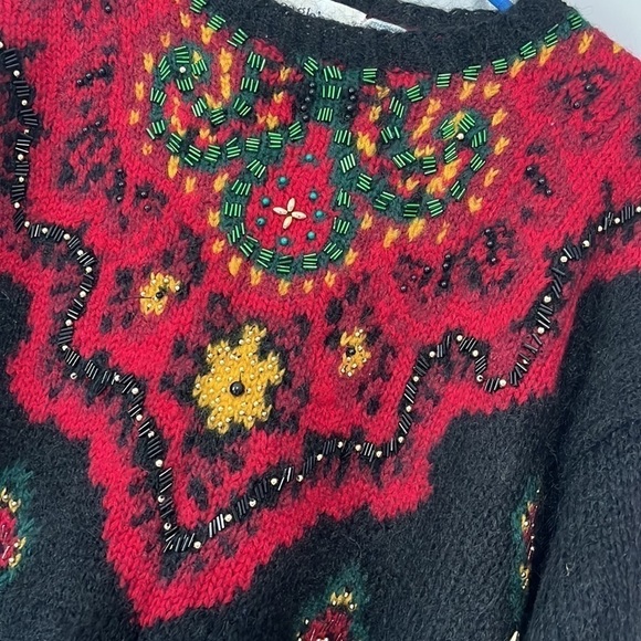 The Eagles Eye Vintage Black Red Festive Beaded Hand Knit Wool/Mohair Sweater - Picture 5 of 9